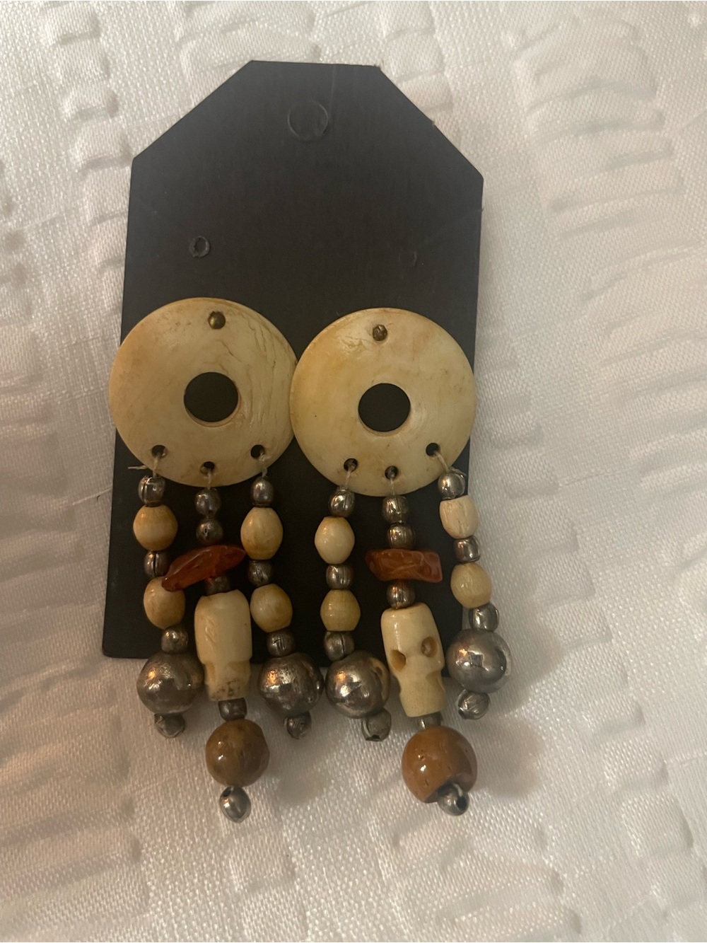 Cream, Brown and Silver Beaded Drop Earrings